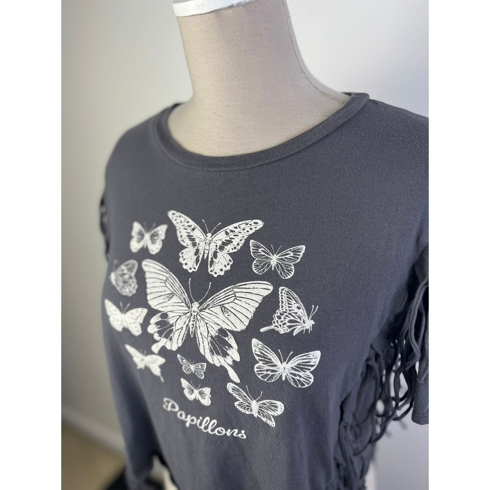 French Pastry Butterfly Graphic Crop Top with Fringe Sleeves Boho Festival Style - Picture 2 of 5